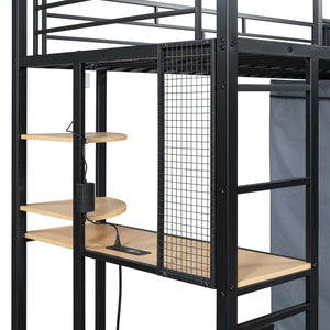 Loft Bed With Desk, Shelves, Power Outlet, LED Light And Wardrobe