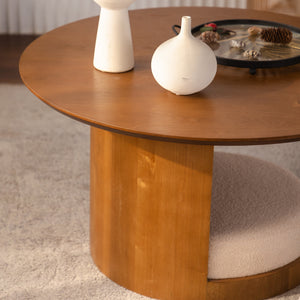 31.5" Round Wood Coffee Table with 3 Teddy Fabric Nesting Stools