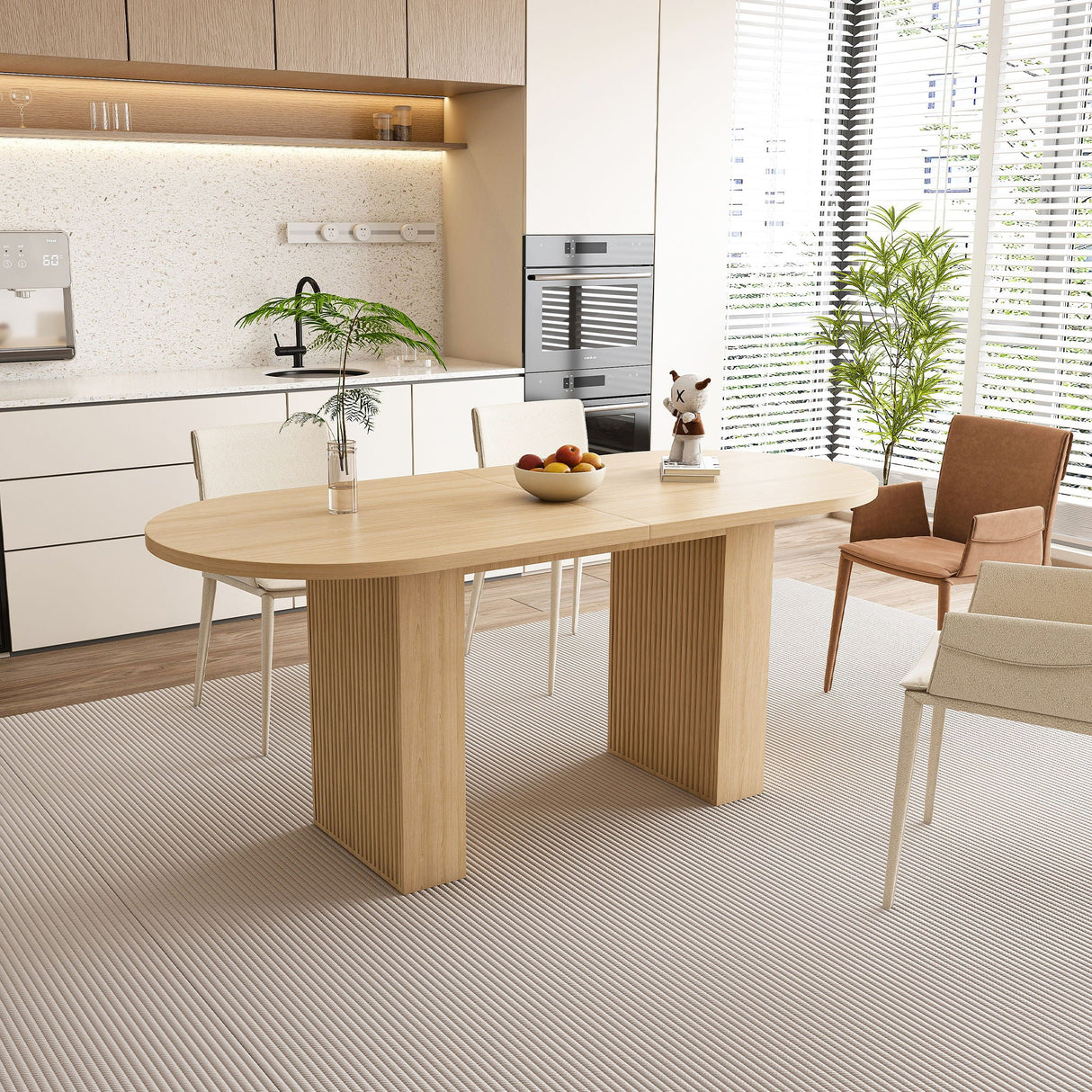 Oval Dining Table For 6 People With Wood Strip Base - Burly Wood