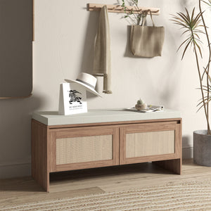 Storage Bench With Cushion, Shoe Cabinet With 2 Doors - Antique Natural / Rattan
