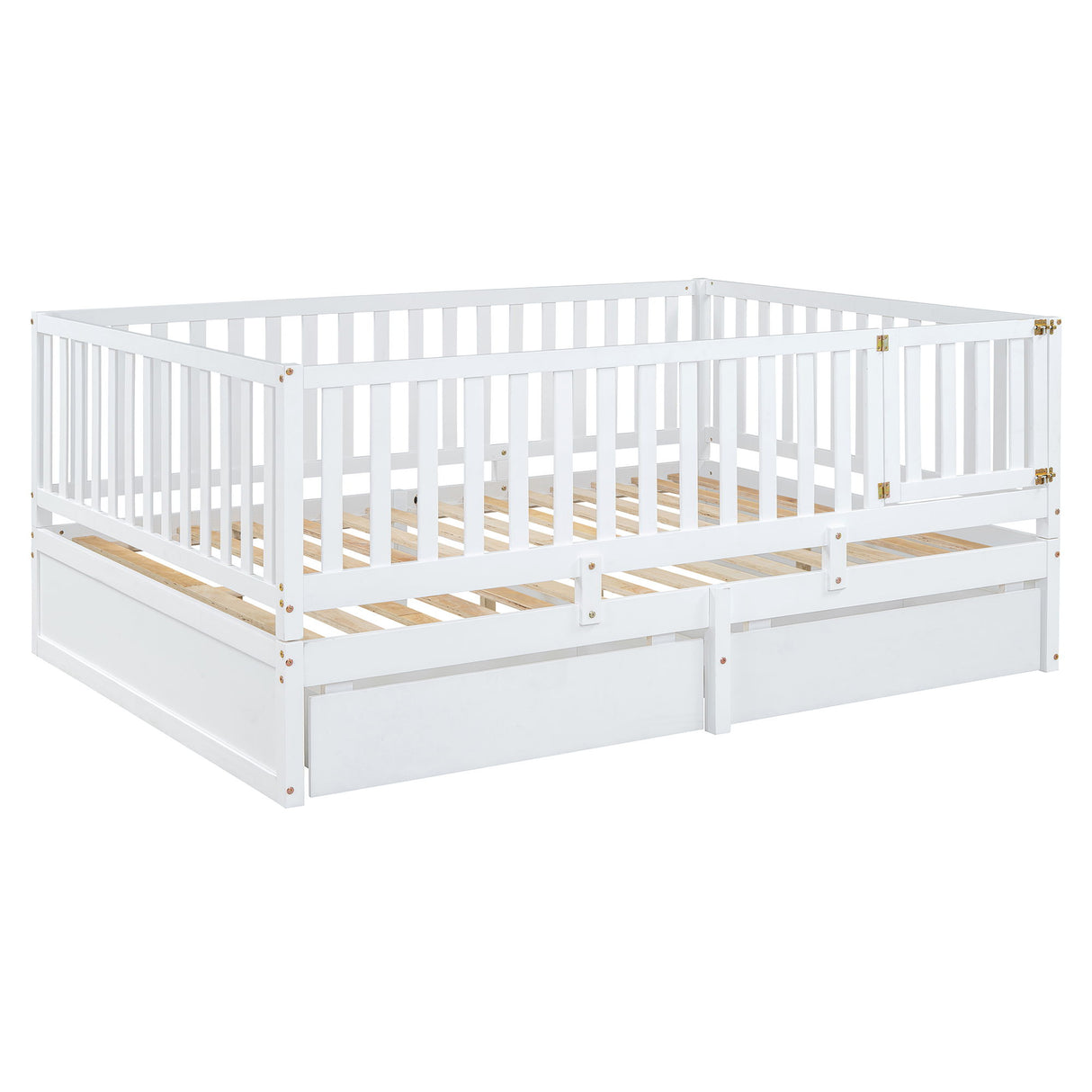 Daybed With Fence Guardrails And 2 Drawers, Split Into Independent Floor Bed & Daybed