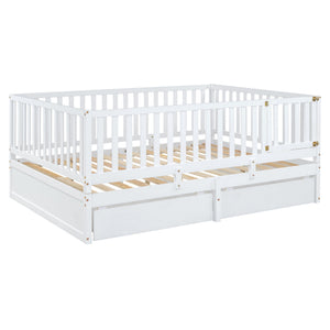 Daybed With Fence Guardrails And 2 Drawers, Split Into Independent Floor Bed & Daybed