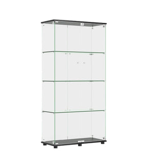 Modern Glass Display Cabinet With 4 Shelf Double Doors And Lock, Tempered Glass Bookshelf For Living Room - Black