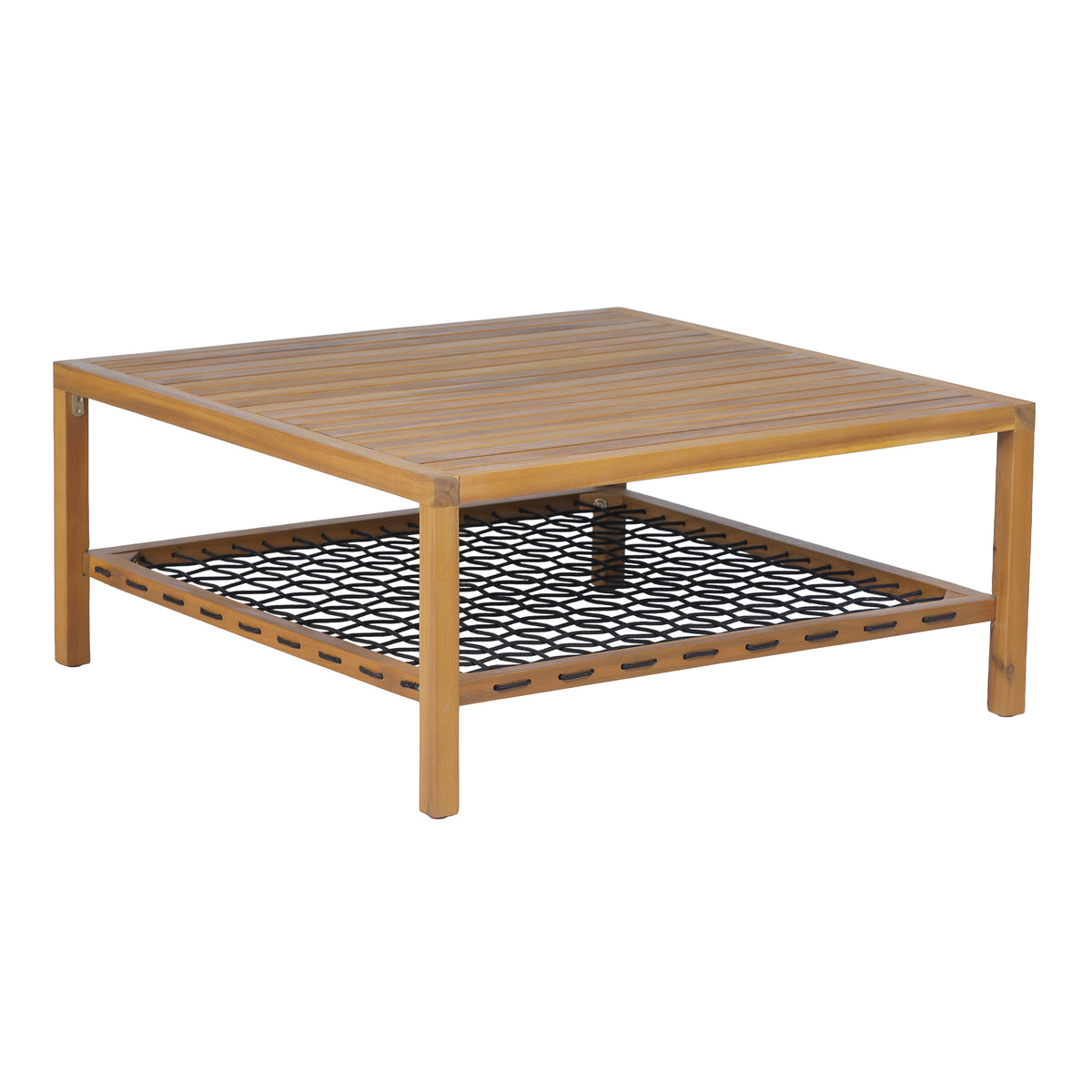 Outdoor Acacia Wood Coffee Table with Woven Rope Storage Shelf