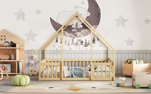 Wood House-Shaped Floor Bed With Fence, Guardrails