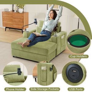 Modern Style Armchair Chaise Lounge Sofa Couch With Movable Storage Ottoman, USB Ports, Cup Holders, Phone Holder, Side Pockets