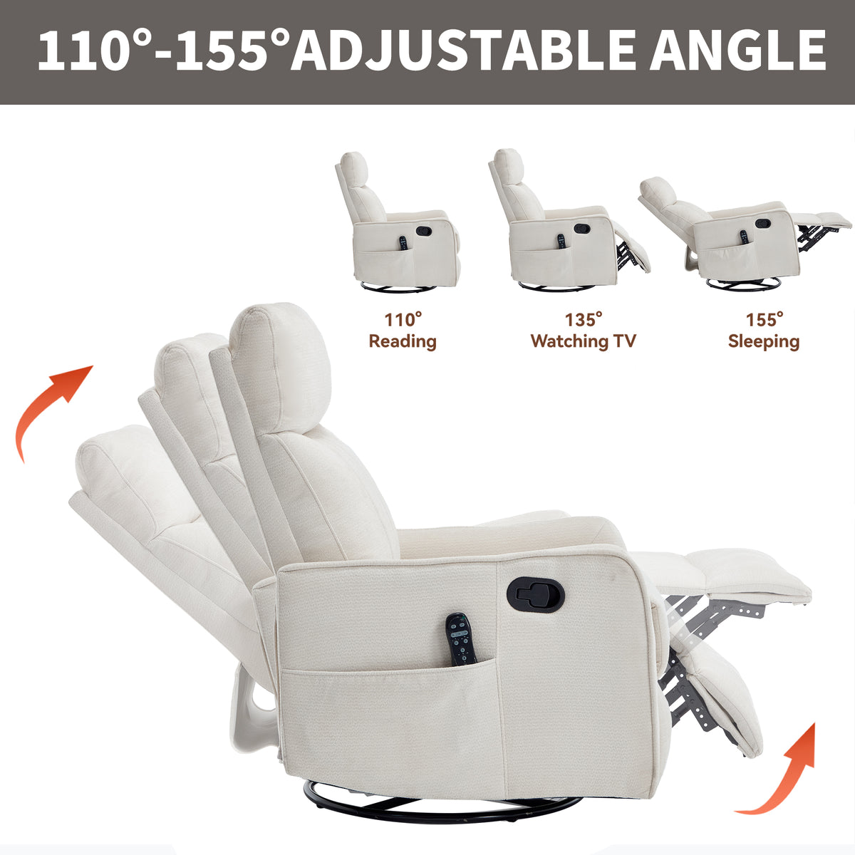 Beige Heat Massage Manual Recliner Chair with Rocker and Swivel