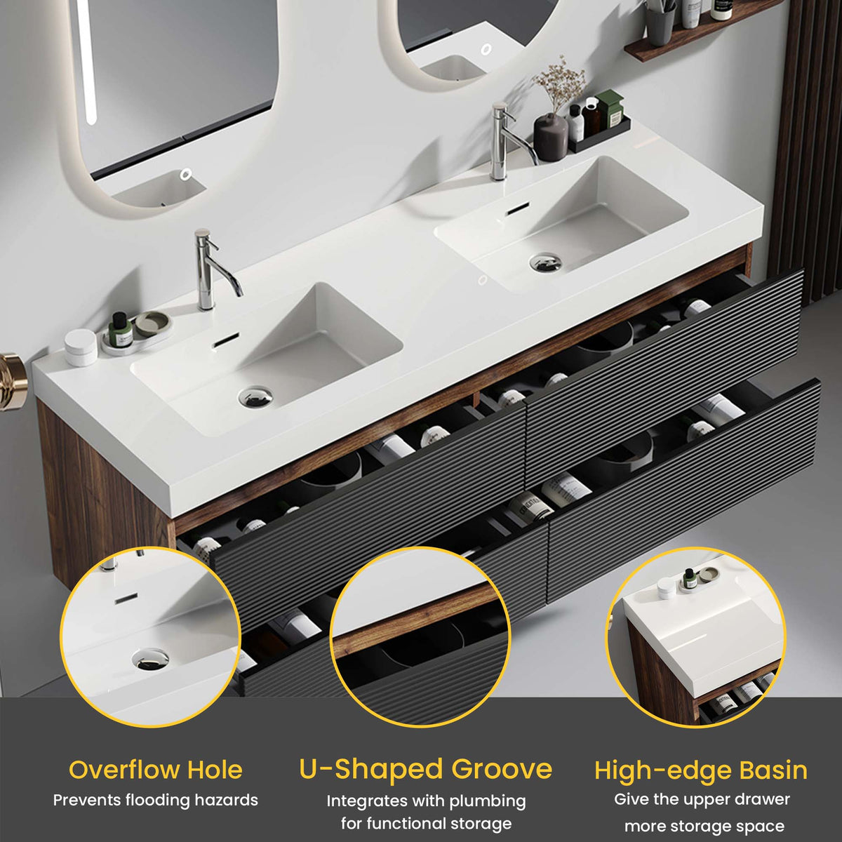 Grace 60-Inch Wall-Mounted Bathroom Vanity, Walnut and Black with Double Sinks
