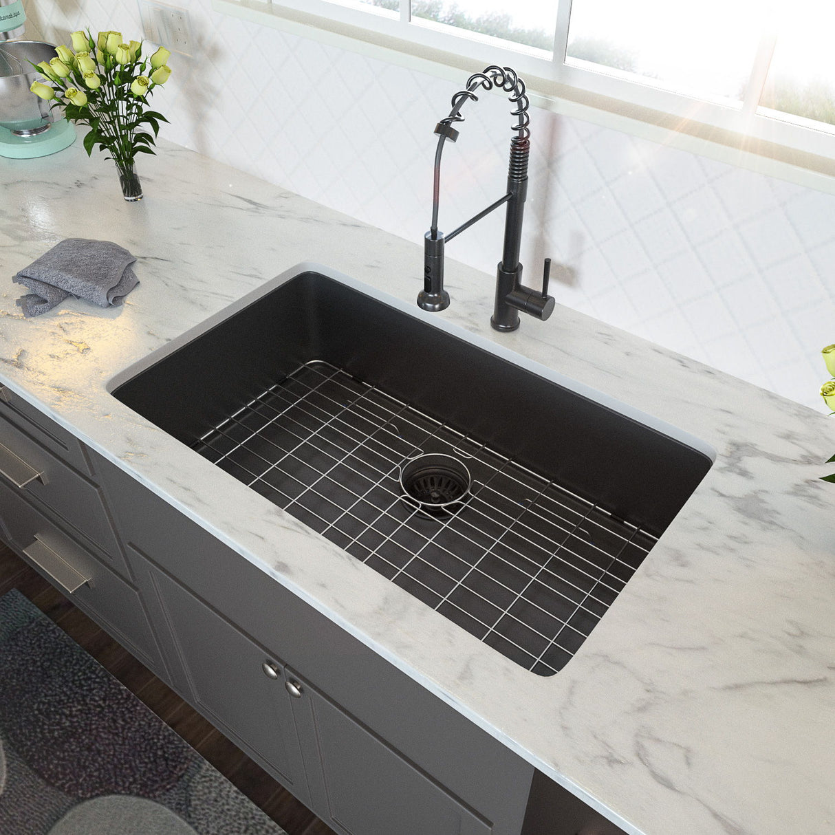 28" Undermount Kitchen Sink 16 Gauge 10" Deep Single Bowl - Gunmetal Black
