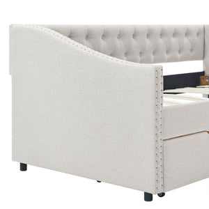Upholstered Tufted Daybed With 2 Drawers, Waved Arms