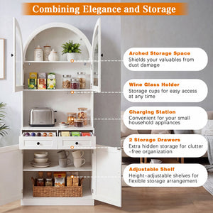 75" Farmhouse Tall Arched Pantry Cabinet with Charging Station