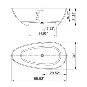 66.9" x 34" x 21.7" Freestanding Solid Surface Soaking Bathtub For Bathroom - Matte White