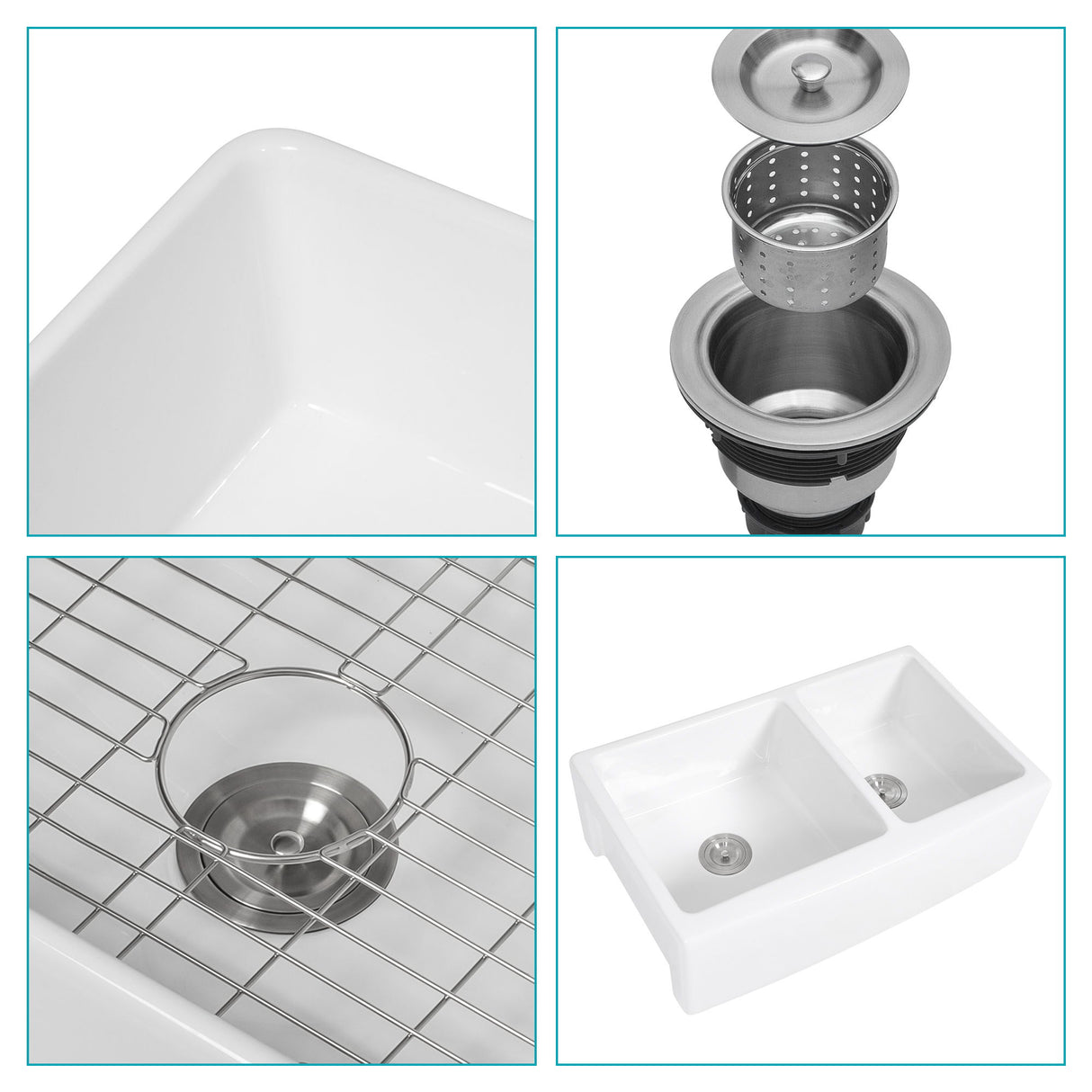 Sink 33" Double Bowl 60 / 40 Kitchen Sink With Deep Basin And Grids - White