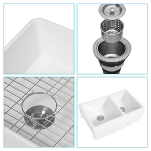 Sink 33" Double Bowl 60 / 40 Kitchen Sink With Deep Basin And Grids - White