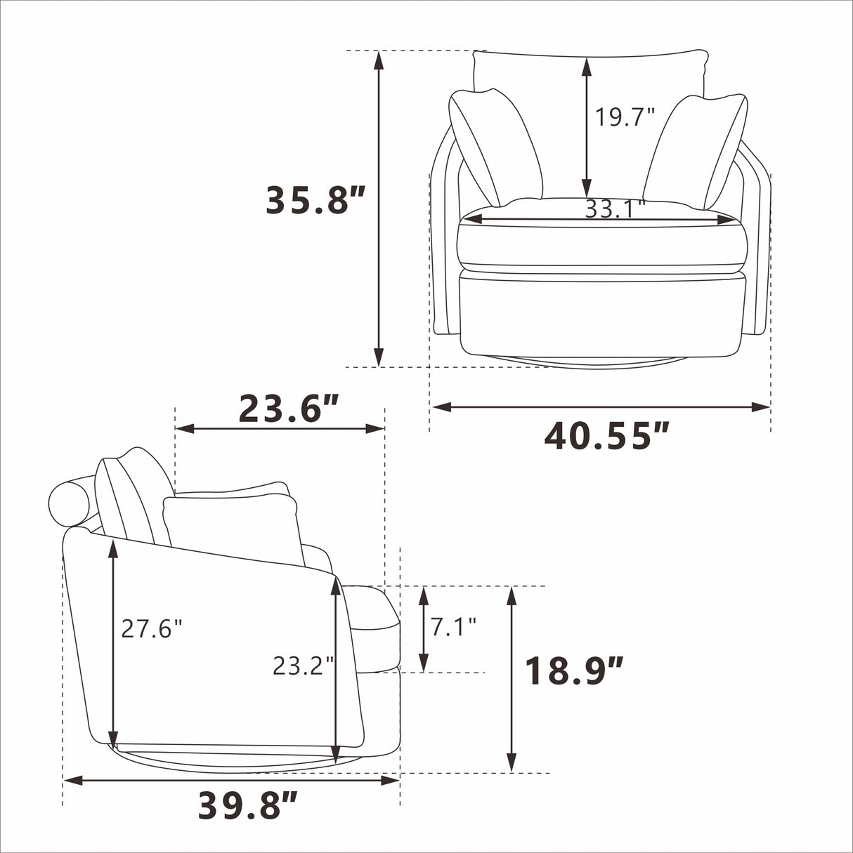 40.55''W Swivel Accent Chair with 2 Throw Pillows