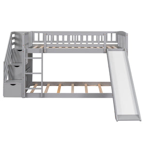 Twin Over Twin Bunk Stairway Bed With 2 Drawers And Slide - Gray