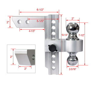 Alu - Adjustable Trailer Drop Hitch 2" Receiver 8" Adjustable - Silver