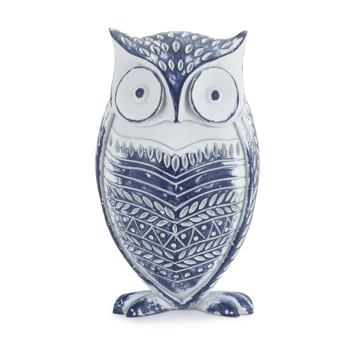 White Washed Owl Decor with Blue Floral Design 6.5"H
