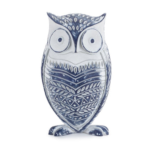 White Washed Owl Decor with Blue Floral Design 6.5"H
