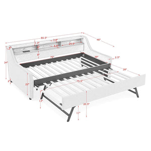 Upholstered Sofa Bed With LED Lights, Storage Headboard, Foldable Trundle & Wireless Charging