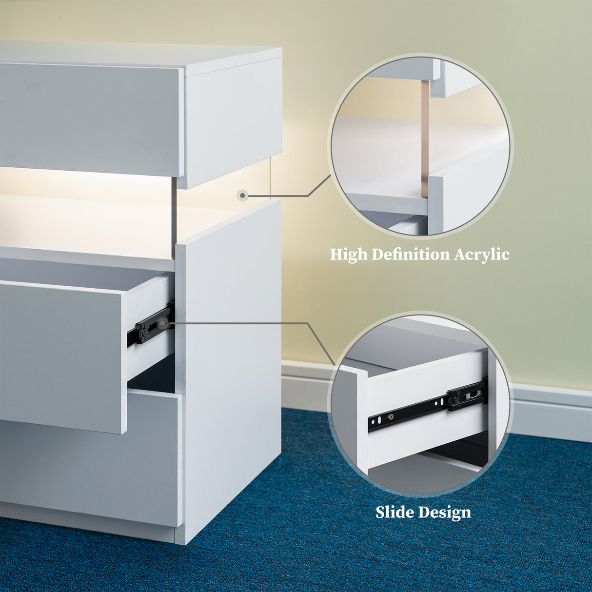 LED Nightstands with 3 Drawers