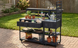 TOPMAX 62.3'' Patio Kitchen Island Solid Wood Kitchen Cart