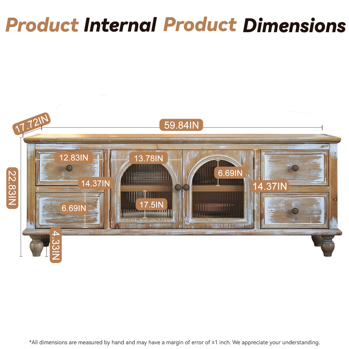 60" Farmhouse TV Stand with 4 Drawers & Glass Doors