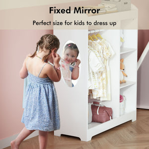 Dress Up Storage With Mirror And Hooks, Clothes Rack With Hanging Rod, 3 Side Hooks, Open Shelves, Top Shelf Organizer - White