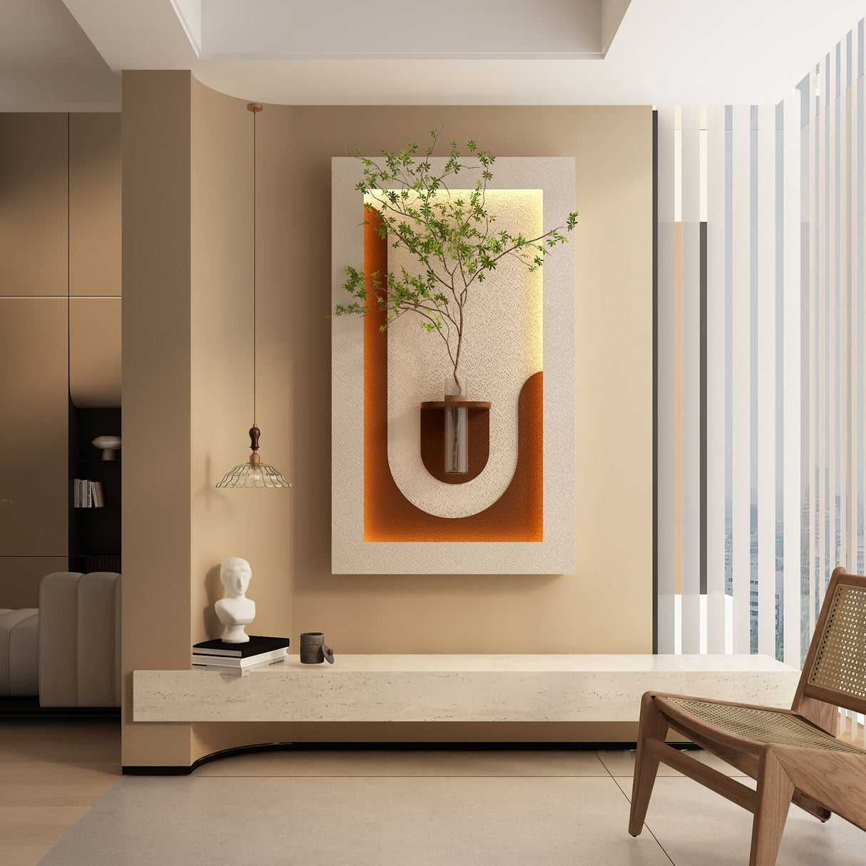 Adjustable 3 Color LED Sandstone Wall Decor With Simulated Plants, Vase & Rabbit Statue - Light Coffee