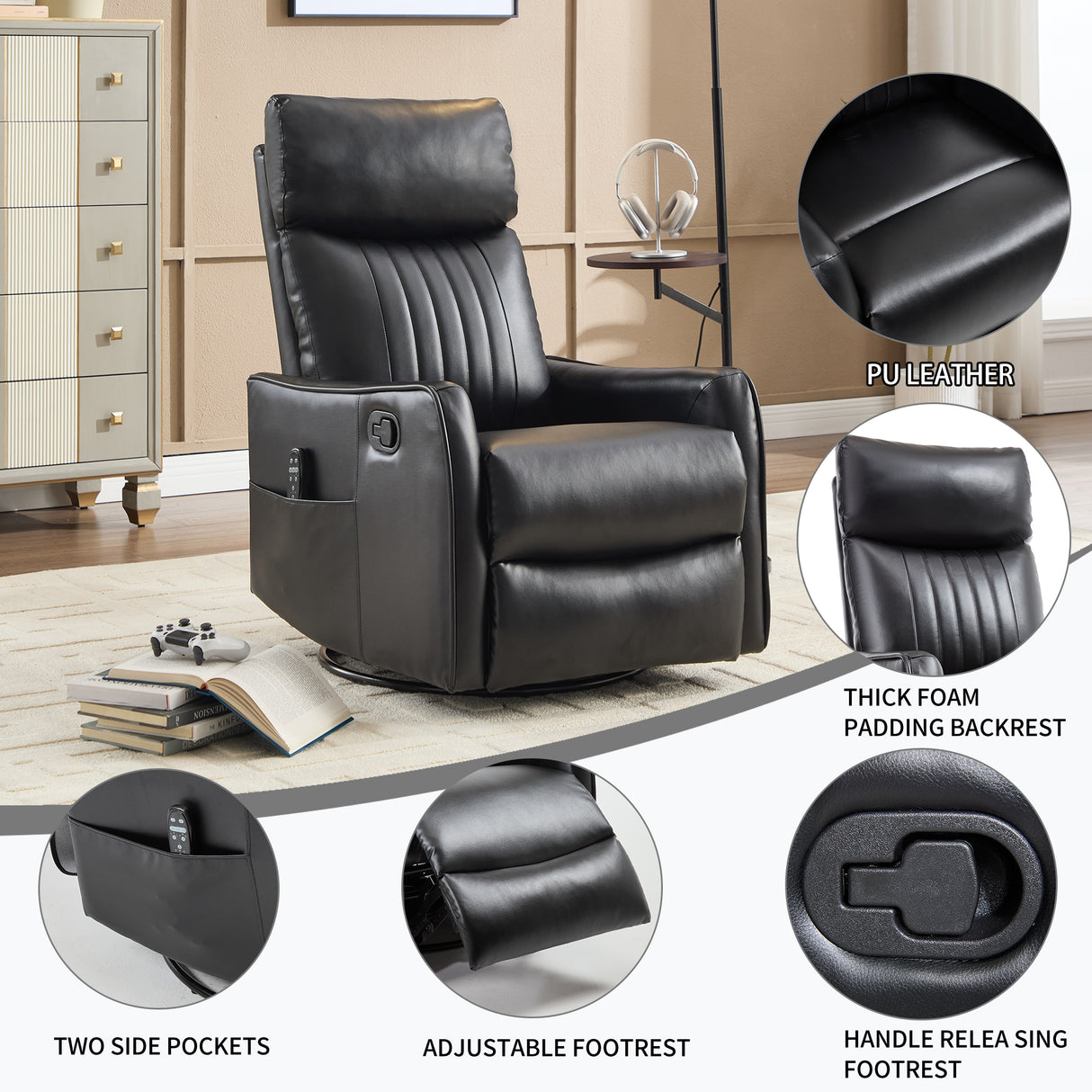 Black Faux Leather Heat Massage Manual Recliner Chair