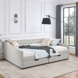 Upholstered Tufted Daybed With Drawers, Waved Arms