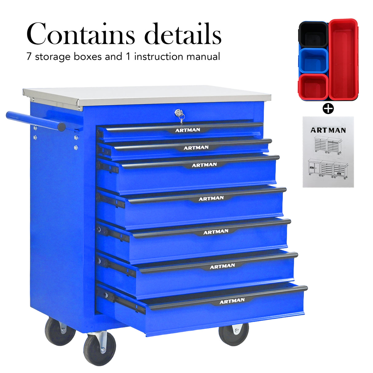 7 Drawers Multifunctional Tool Cart with Wheels - Blue & Black
