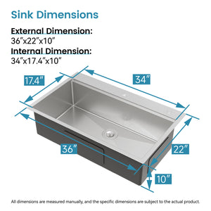 Stainless Steel Kitchen Sink, 36"x22" Single Bowl, Overmount, Brushed