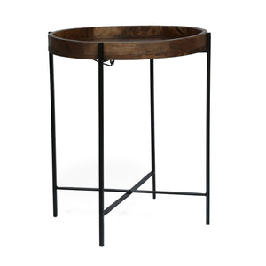 Modern Industrial Round End Table With Tray Top And Foldable Iron Legs - Natural