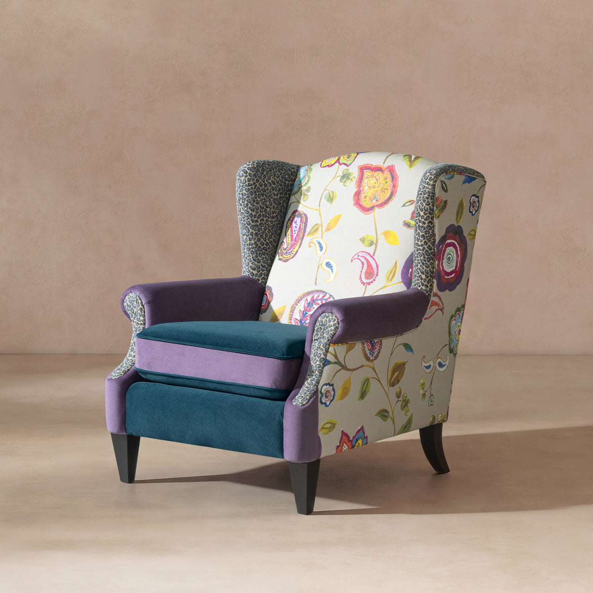 Anya Boho Chic Wingback Accent Chair, Floral & Leopard Print, Teal Multi