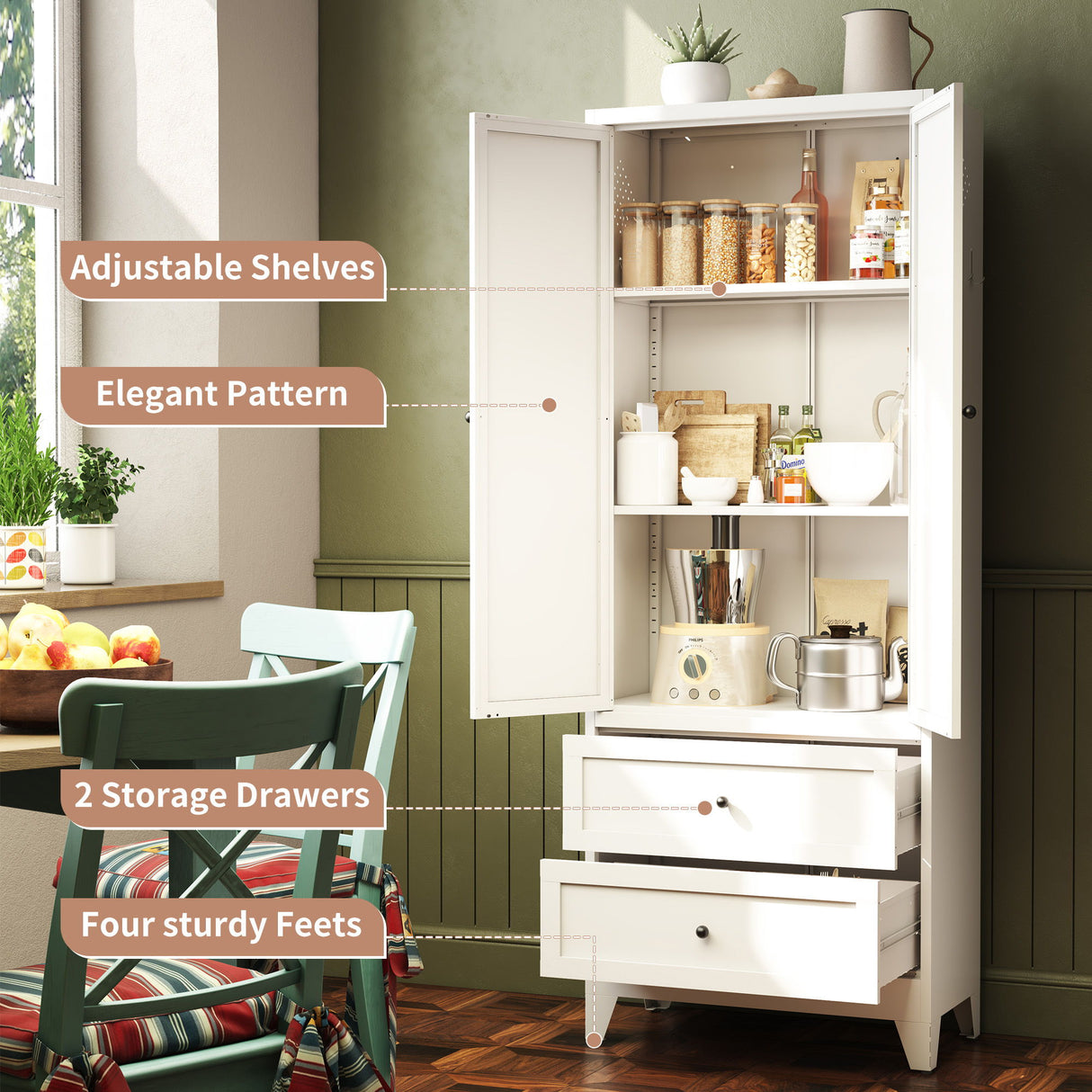 Pantry Cabinet With 2 Drawers, Adjustable Shelves, Freestanding Kitchen Storage Organizer - White