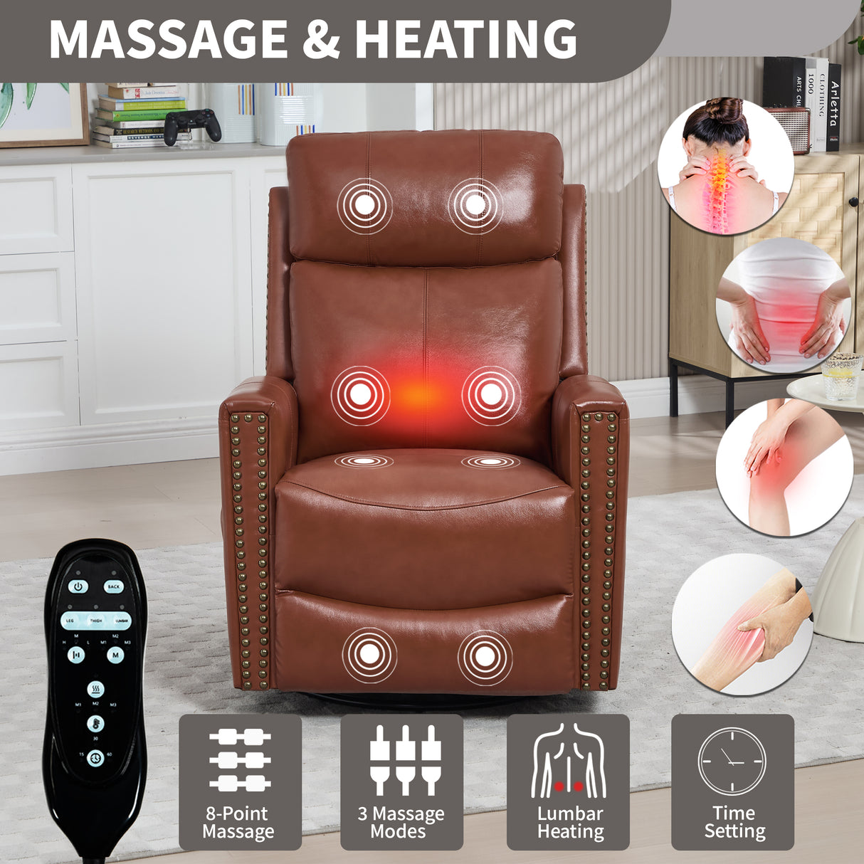 Red Genuine Leather Heat Massage Manual Recliner Chair