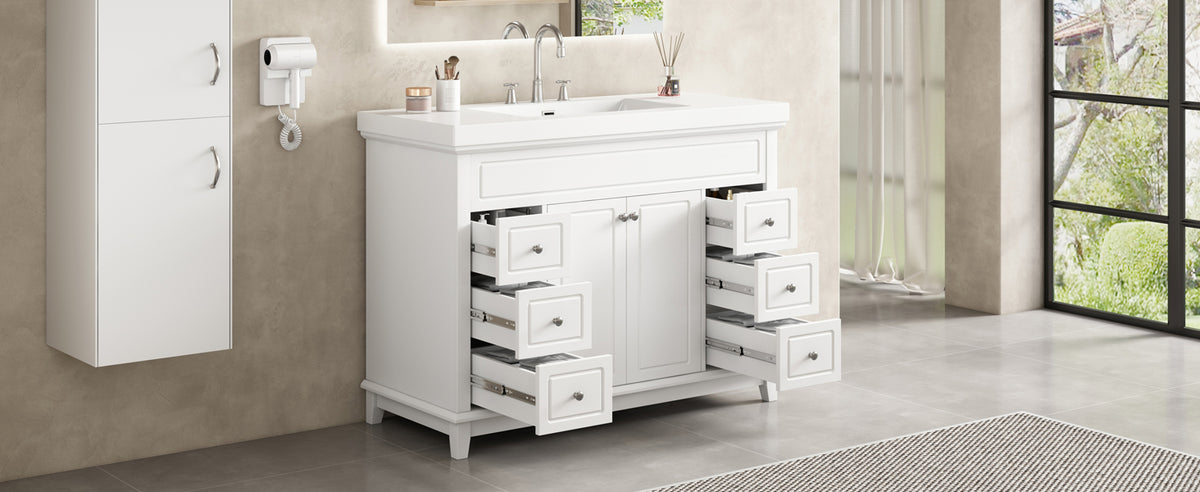 48" Bathroom Vanity with Resin Sink, Soft-Close Drawers & Shelves