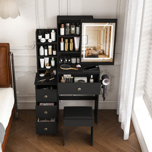 Vanity Desk With 3 LED Lighting Modes, 4 Drawers, Open Shelves, Hair Dryer Holder & Power Socket Dressing Table Set With Chair - Black