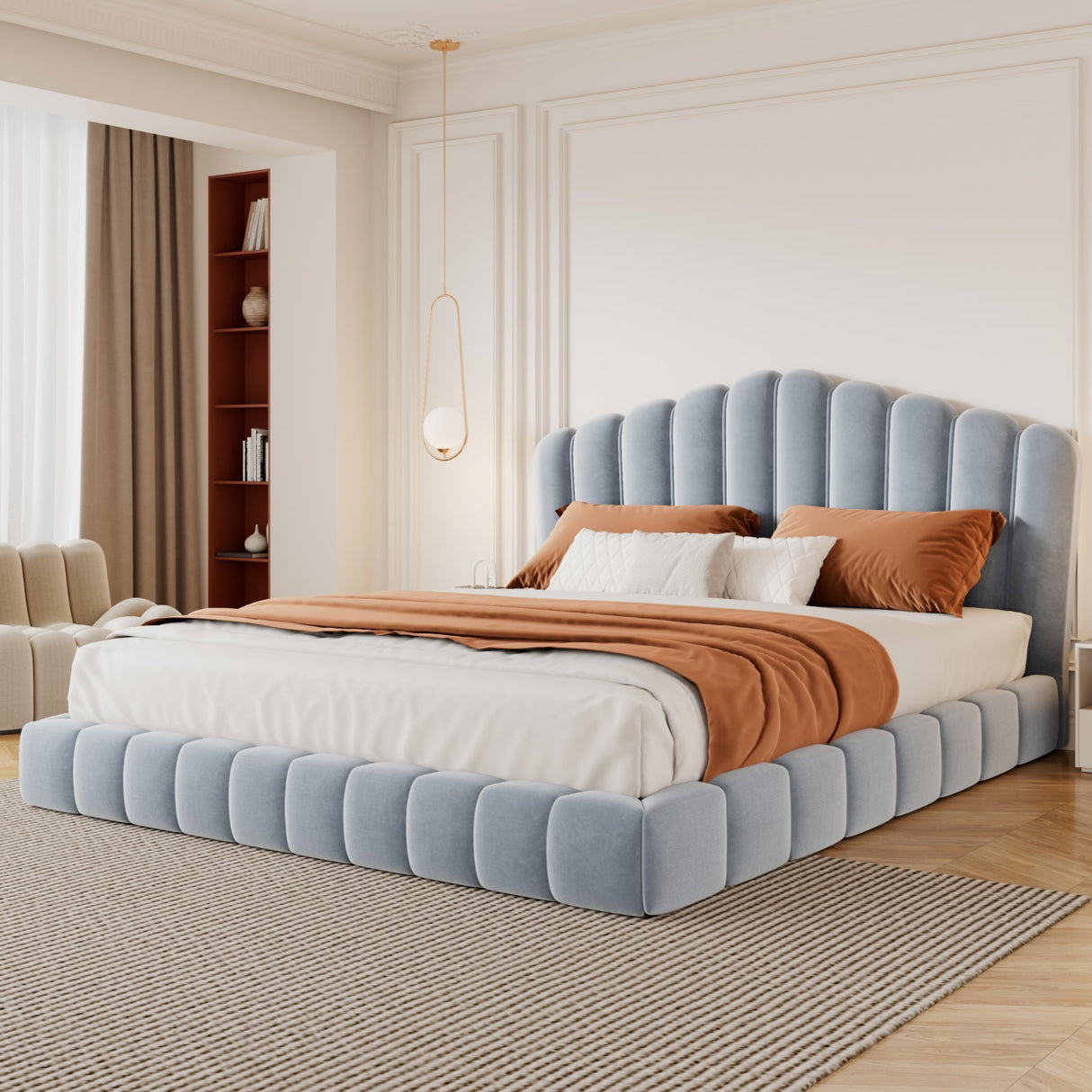 Velvet Upholstered Queen Bed with Shell-Shaped Headboard