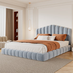 Velvet Upholstered Queen Bed with Shell-Shaped Headboard