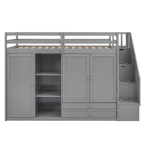 Loft Bed With 3 Shelves, 2 Wardrobes, 2 Drawers, Ladder Storage