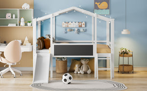 Loft House Bed With Ladder And Slide, With board And Light Strip On The Roof