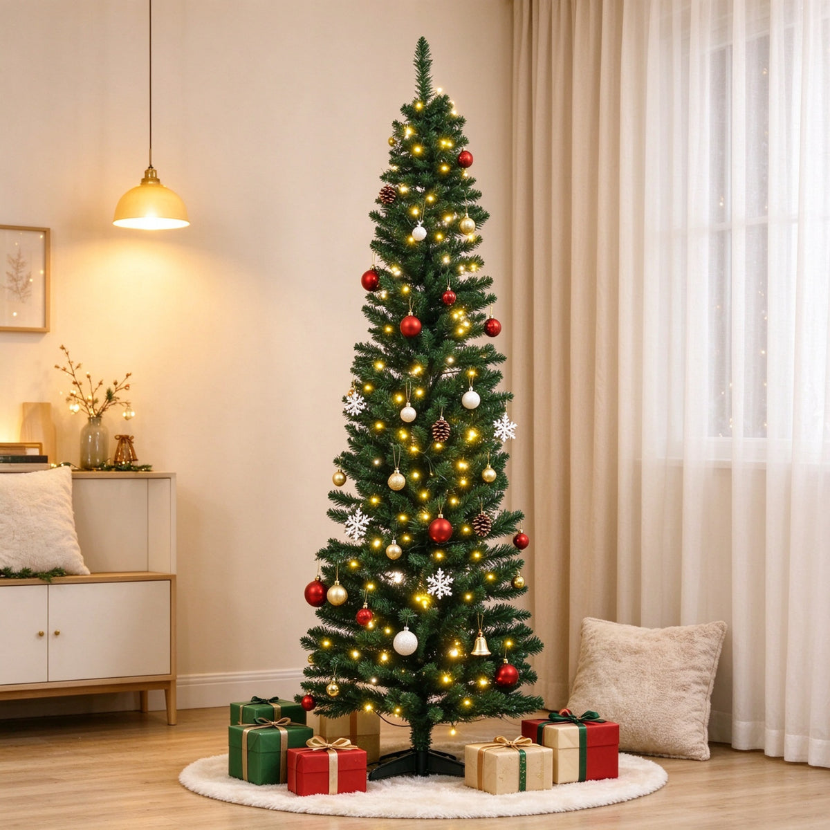 6 FT Pre-Lit Slim Noble Fir Pencil Christmas Tree, 390 Branch Tips, Warm White LED