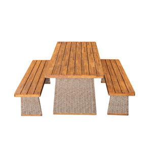 Outdoor 3 Piece Acacia Wood Dining Set with Handwoven Rattan Legs