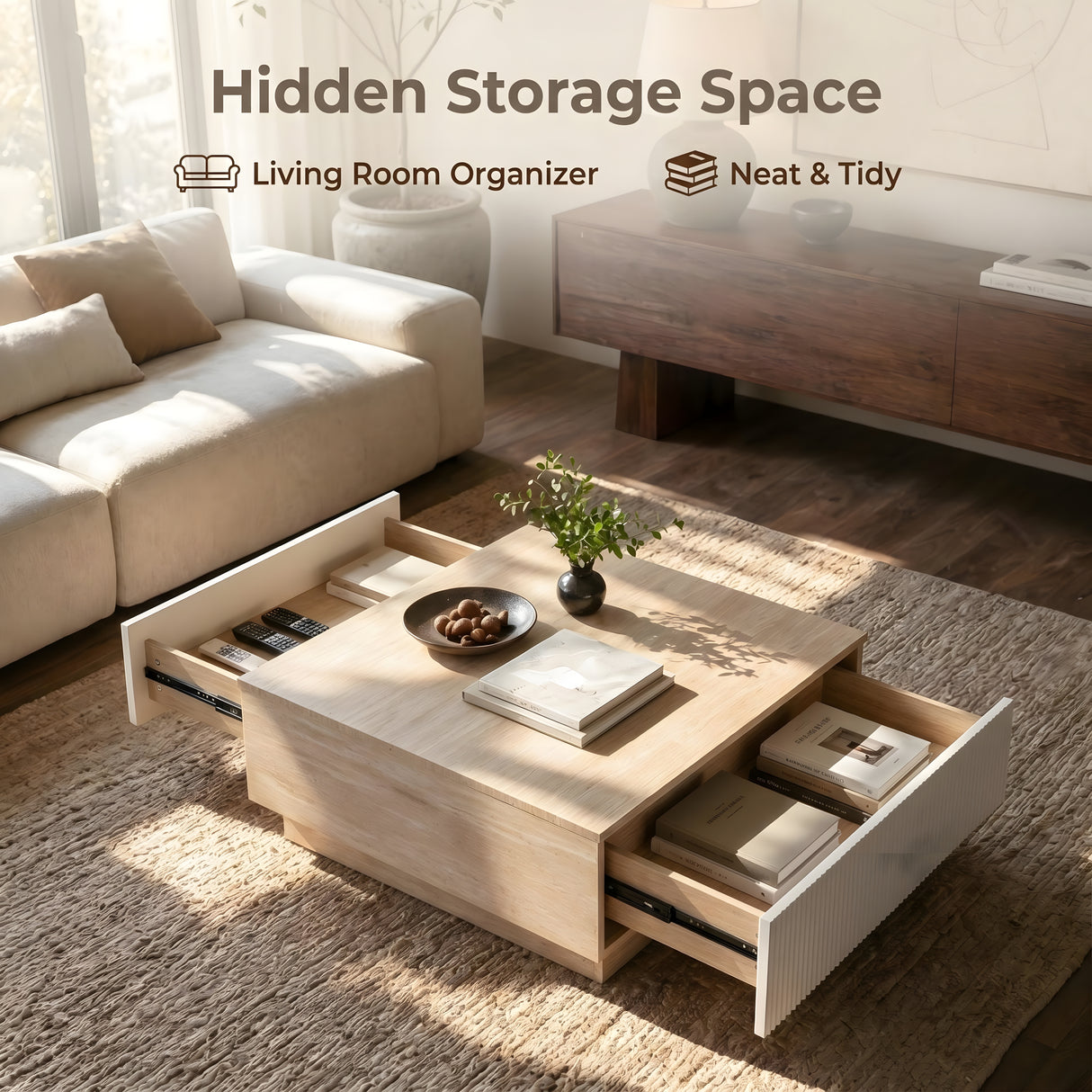 Modern Faux Travertine Coffee Table with 2 Drawers