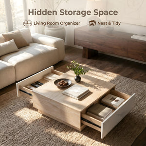 Modern Faux Travertine Coffee Table with 2 Drawers