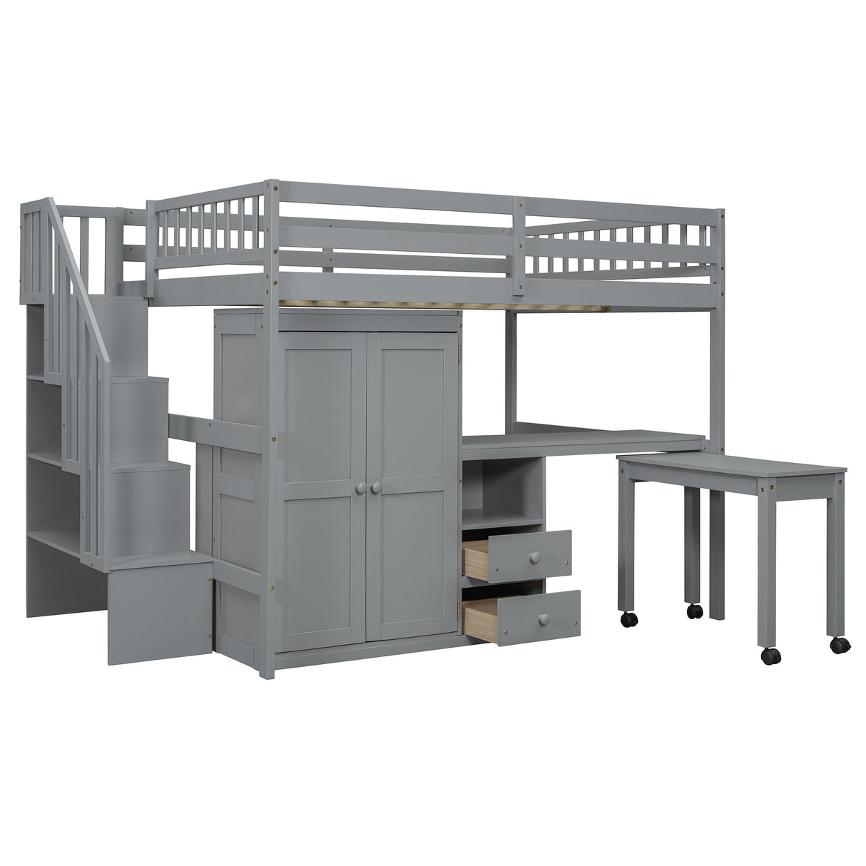 Loft Bed With Stairs, Bookshelf, Drawers, Desk & Wardrobe, Space Saving Multifunctional Furniture