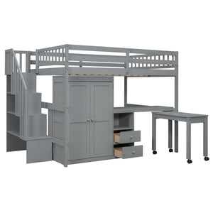 Loft Bed With Stairs, Bookshelf, Drawers, Desk & Wardrobe, Space Saving Multifunctional Furniture