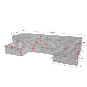 U-Shaped Modular Sectional Sofa With Chaise And Movable Ottoman With Wave-Shaped Armrest